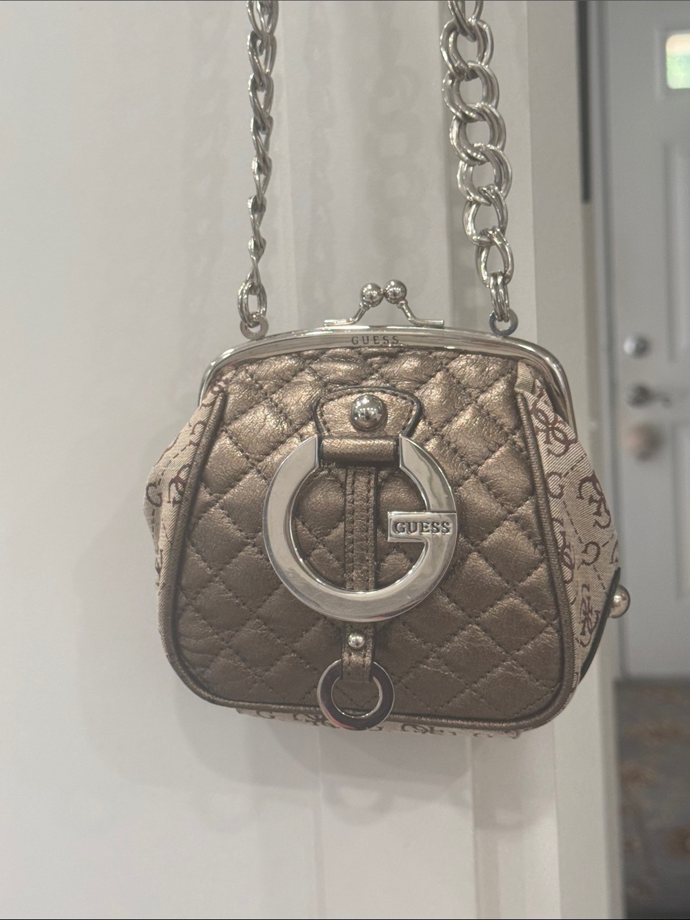 GUESS Metallic Bronze Quilted Mini Bag with Chain Strap